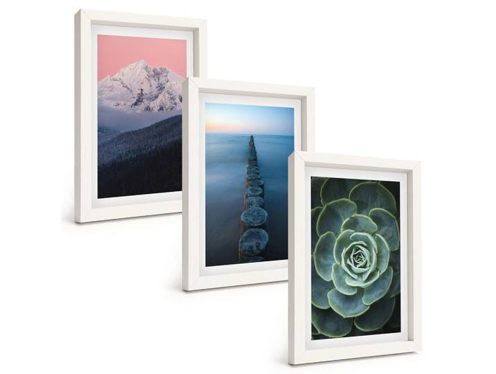 BILDER SET 3er Set - 20x30 cm Weißer Rahmen - Berge, rosa Himmel, Wasser, Sukkulente