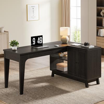 YUZHOU L-Shaped Desk with Storage Cabinet, 57-Inch Wood Corner Workstation