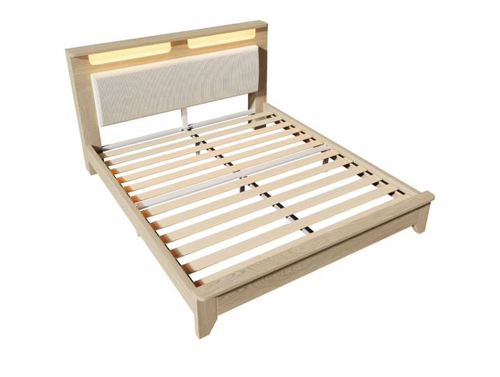 Lit adulte 140x200 cm avec éclairage led et rangement, beige