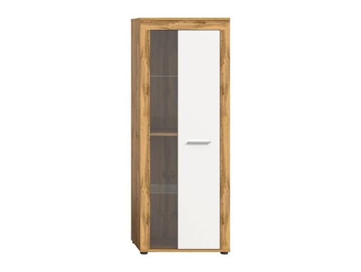 CALICOSY - Meuble vitrine 1 porte vitrée blanc et chêne wotan H159 cm - AOSTA - Blanc
