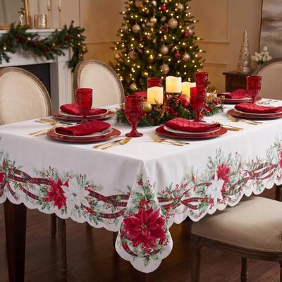 "Wide Width Ribbon Poinsettia Tablecloth by BrylaneHome in Poinsettia (Size 60"" W 104""L)"