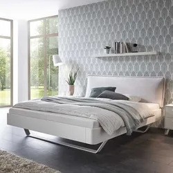 Designbett in Weiß gepolstertem Kopfteil in Beige
