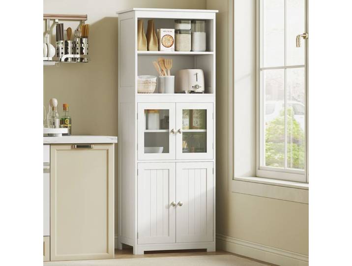 Armoire de cuisine buffet 4 portes dont 2 portes vitrées H162 cm avec étagères réglables - MDF - blanc
