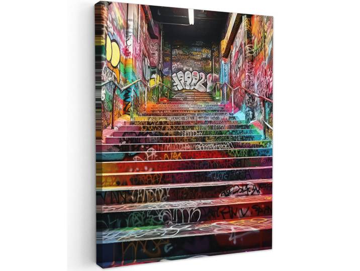 MuchoWow Leinwandbild - Treppe - Graffiti - Farben - Kunst - 60x80 - Gemälde, Mehrfarbig, Textil, Kiefer, Abstrakt, Rechteckig, 60x80 cm, gerahmt, Bilder & Rahmen, Bilder, Wandbilder