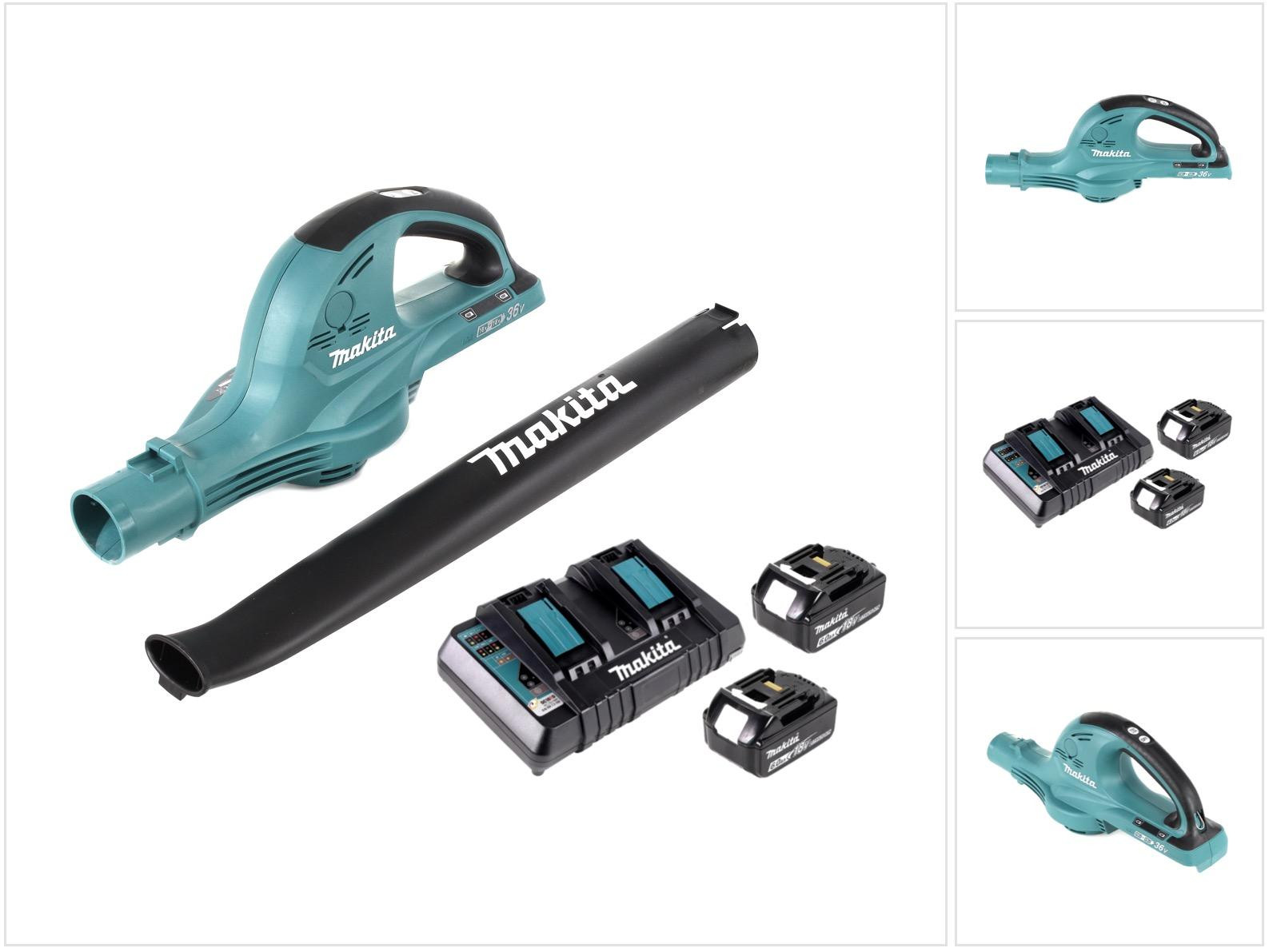 Makita DUB 361 bladblazer met 2x 18 V / 36 V accu en 2x Makita BL 1860 6 Ah accu plus Makita DC 18 RD 2-voudige lader