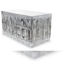 PartyDeco Lametta Tischrock 300x80cm glänzende Tischumrandung Fransen silberne Tischverkleidung Tischdeko & Party Glitzer Deko Silber