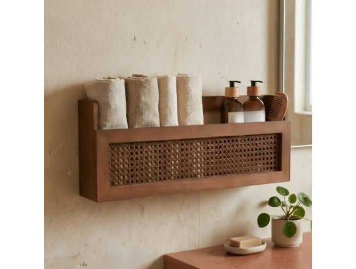 Wandregal aus Rattan, Schweberegal aus Massivem Kiefernholz Handgeflochten, Wandmontage, Badezimmer, Schlafzimmer, Küchenregal(Brown,L80*H24CM/31.5*9.4IN)