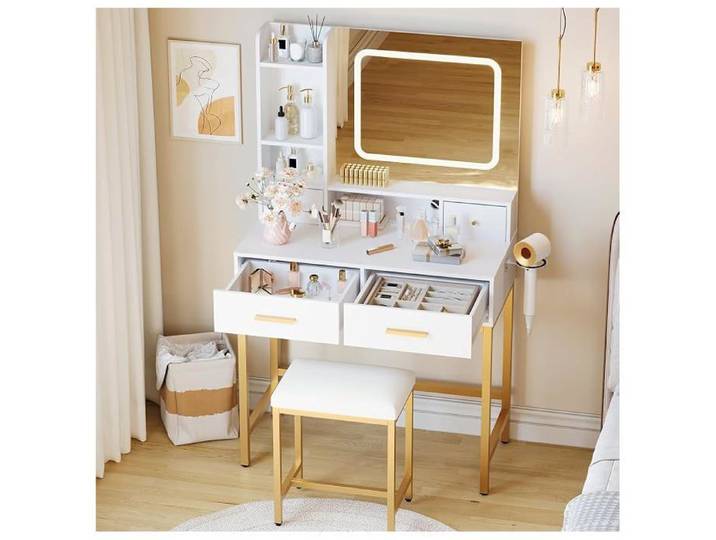 Ensemble coiffeuse moderne miroir LED - 4 tiroirs spacieux - 3 modes d'éclairage - Tabouret - Charge USB - Chambre