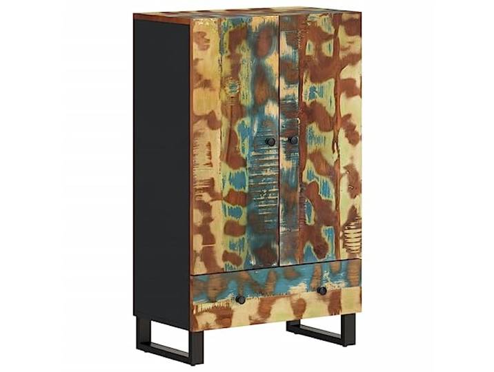 Fisinber Highboard 60x33x100 cm Altholz & Eisen Kommode mit Schublade Kompakter Industriekabinett-Schrank fürs Wohnzimmer mit 2 offenen Fächern, Stabilem Eisengestell und Kippschutz.