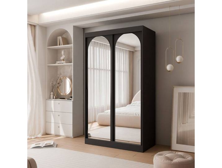 Armoire CLARITY - 7 compartiments - avec miroir - 120x65x215 cm - Noir / Poignées noires