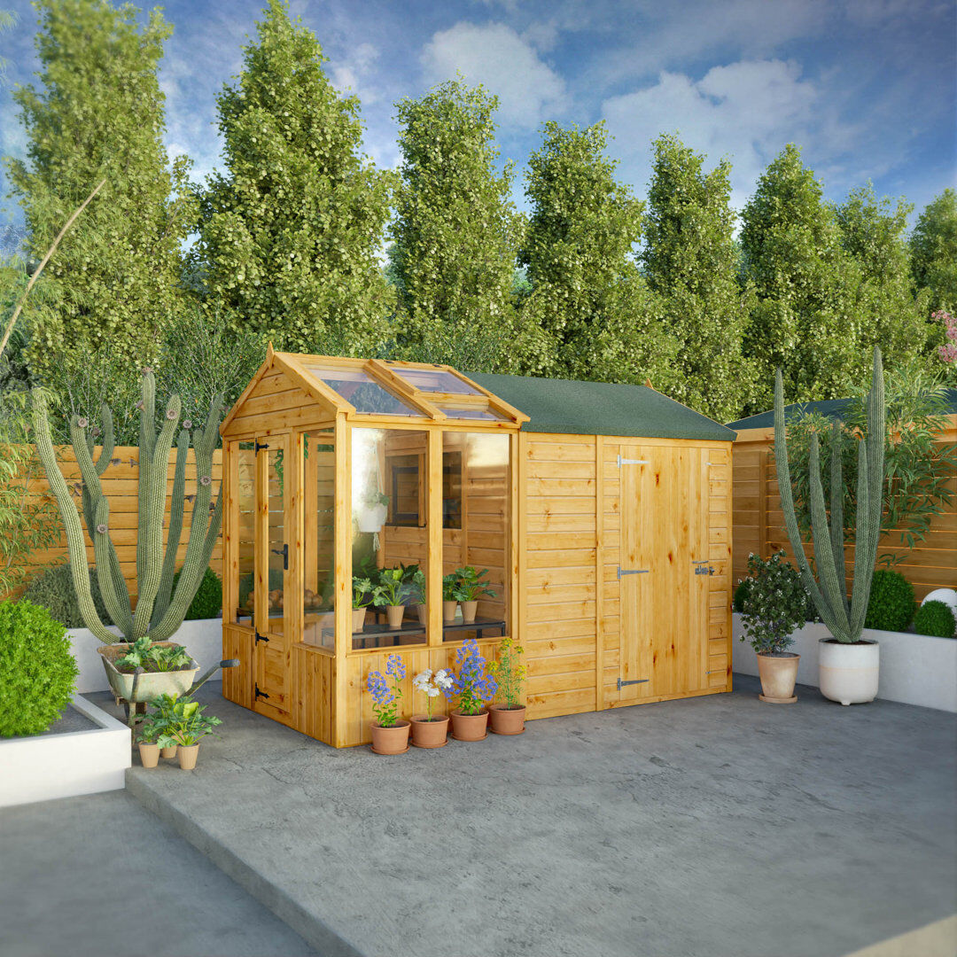 Mercia Garden Products Mercia 10x6 Premium Woodsman Wooden Apex Styrene Greenhouse Combi Shed 10 x 6 Clear;Beige;Brown 229cm H x 191cm W x 315cm D