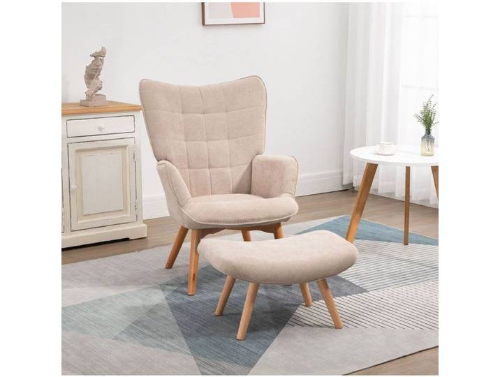 Fauteuil bergère beige en corduroy avec hocker pieds en bois de hêtre intérieur salon