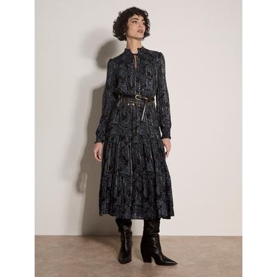 Midikleid APRICOT "Rüschenkleid mit Metallic-Schimmer", Damen, Gr. 14, blau (schwarz), gewebt, , Modisch, normal, V-Ausschnitt, Elastische Bündchen, Kleider Midikleid, im Stufenschnitt