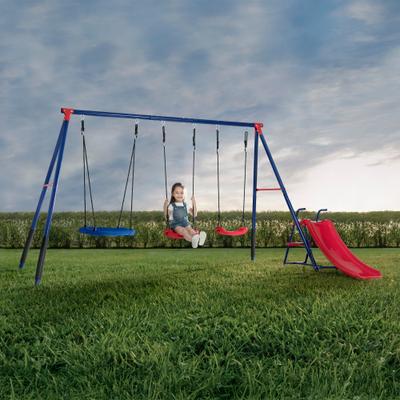 Delta Children FunZone Outdoor Metal 4-Piece Swing Set - Includes 2 Swings, 1 Disc/Saucer Swing and Slide