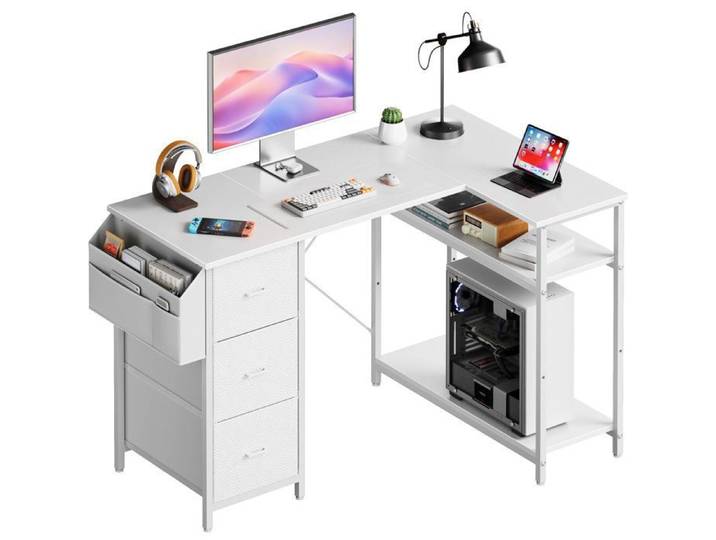 ECOFURNIX Bureau d'angle 120x78cm Bureau de jeu Bureau en L avec 3 tiroir Bureau d'ordinateur avec sac de rangement Blanc