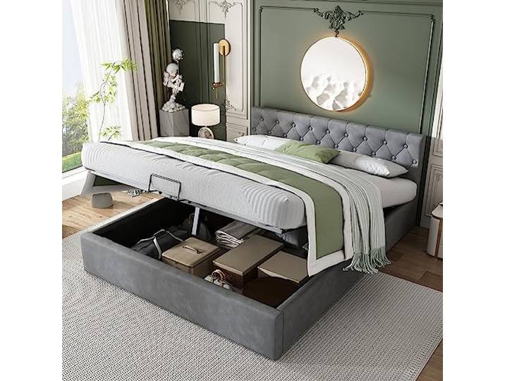 Merax Polsterbett mit Bettkasten und Samt-Stoff Doppelbett mit Lattenrost und Holzfuß Stilvolles Design und Stauraum Grau, 140 x 200 cm