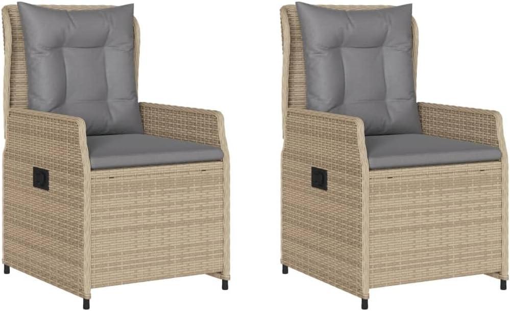 Verstellbare Gartensessel im 2er-Set, beige, aus Poly-Rattan, mit Kissen, für Balkon und Terrasse, 55x60x93 cm