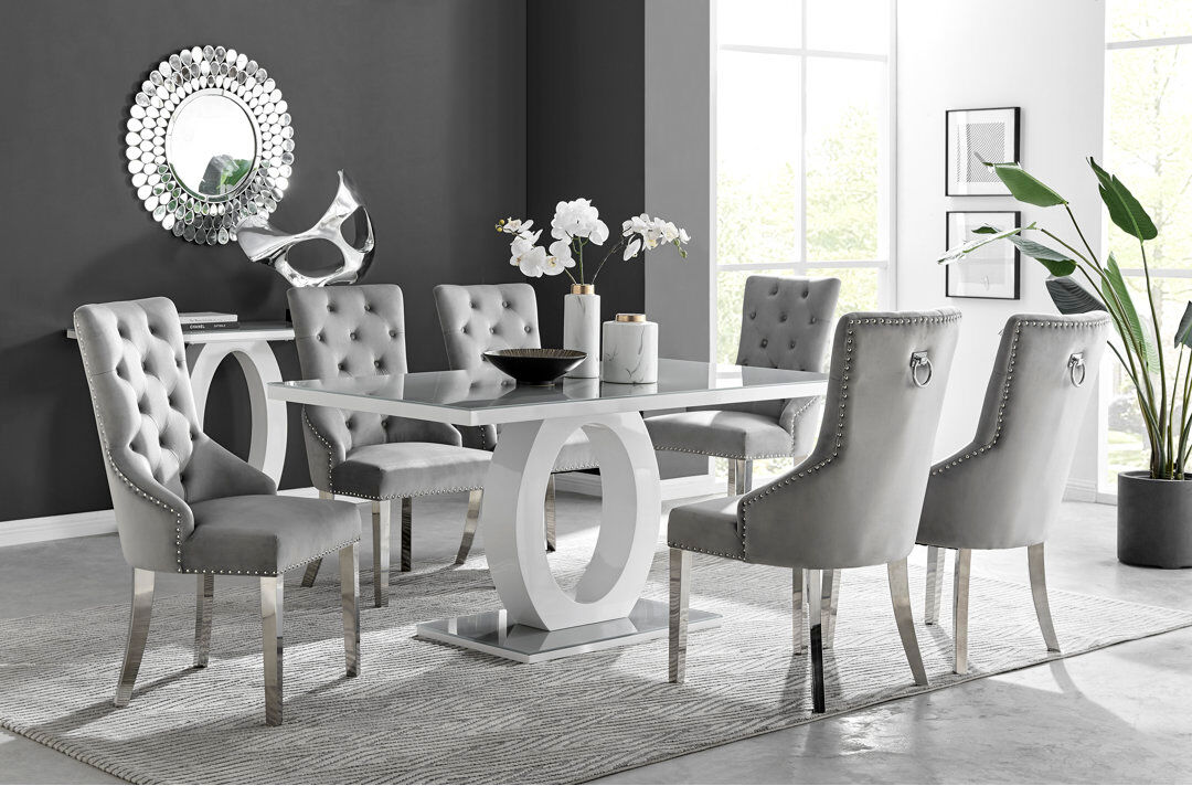 Canora Grey Scottsmoor Halo Dining Table Set in Modern High Gloss with 6 Luxury Velvet Dining Chairs Grey/Grey/Silver 6