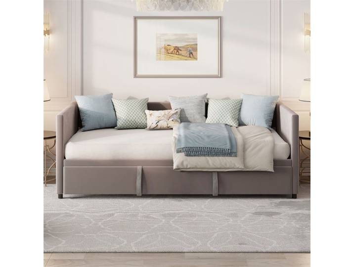 Lit Gigogne 90x200cm - Canapé Lit Double Extensible 180x200cm Rembourré Velours - Lit Double - Sans matelas - Gris