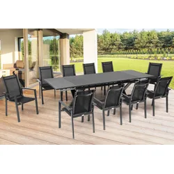 OUTFLEXX Garten-Essgruppe, OUTFLEXX® anthrazit matt, Alu / Spraystone / Textil, Tisch 180/280x100cm, 10 Stapelsessel