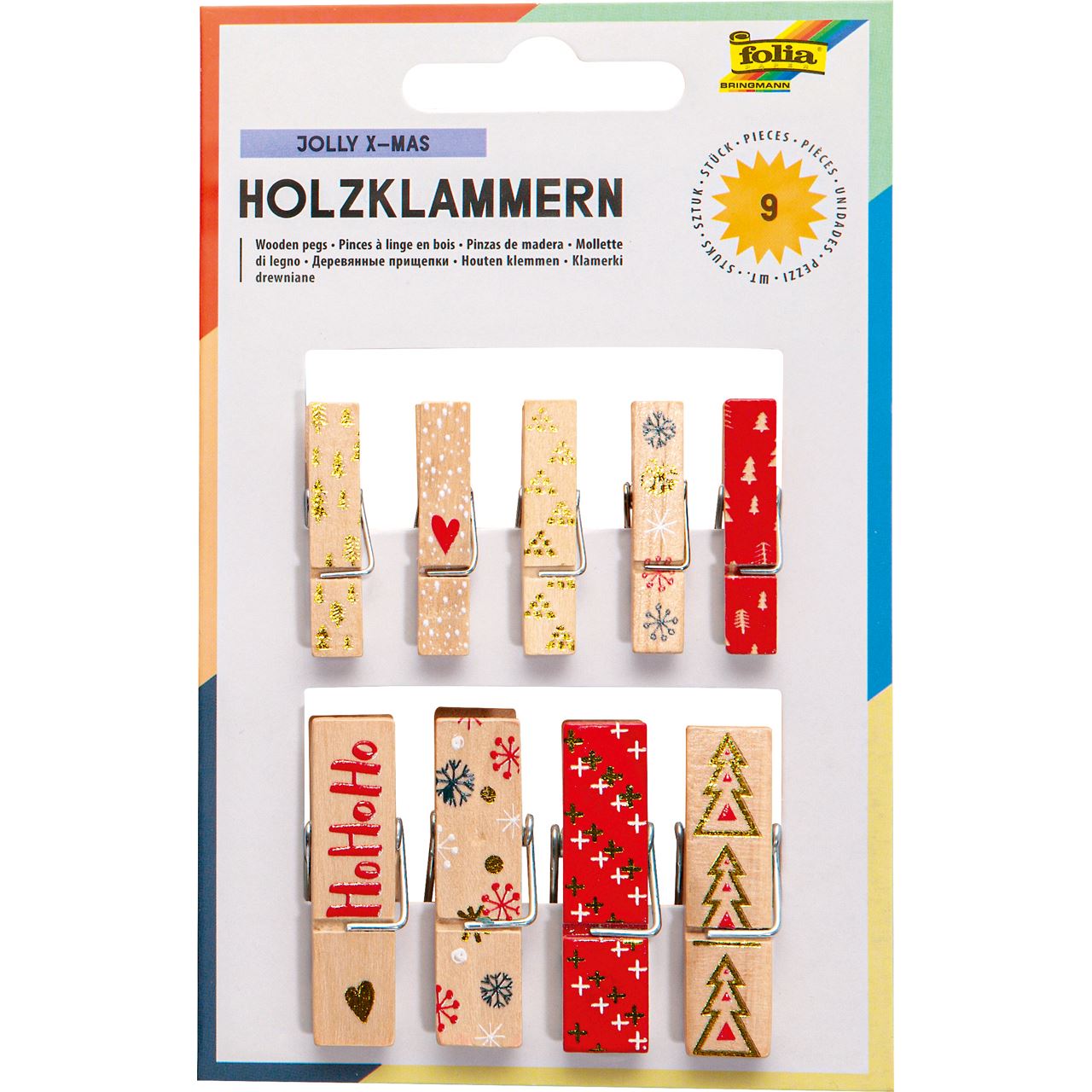 folia Holzklammern mehrfarbig Jolly X-Mas, 9 St.