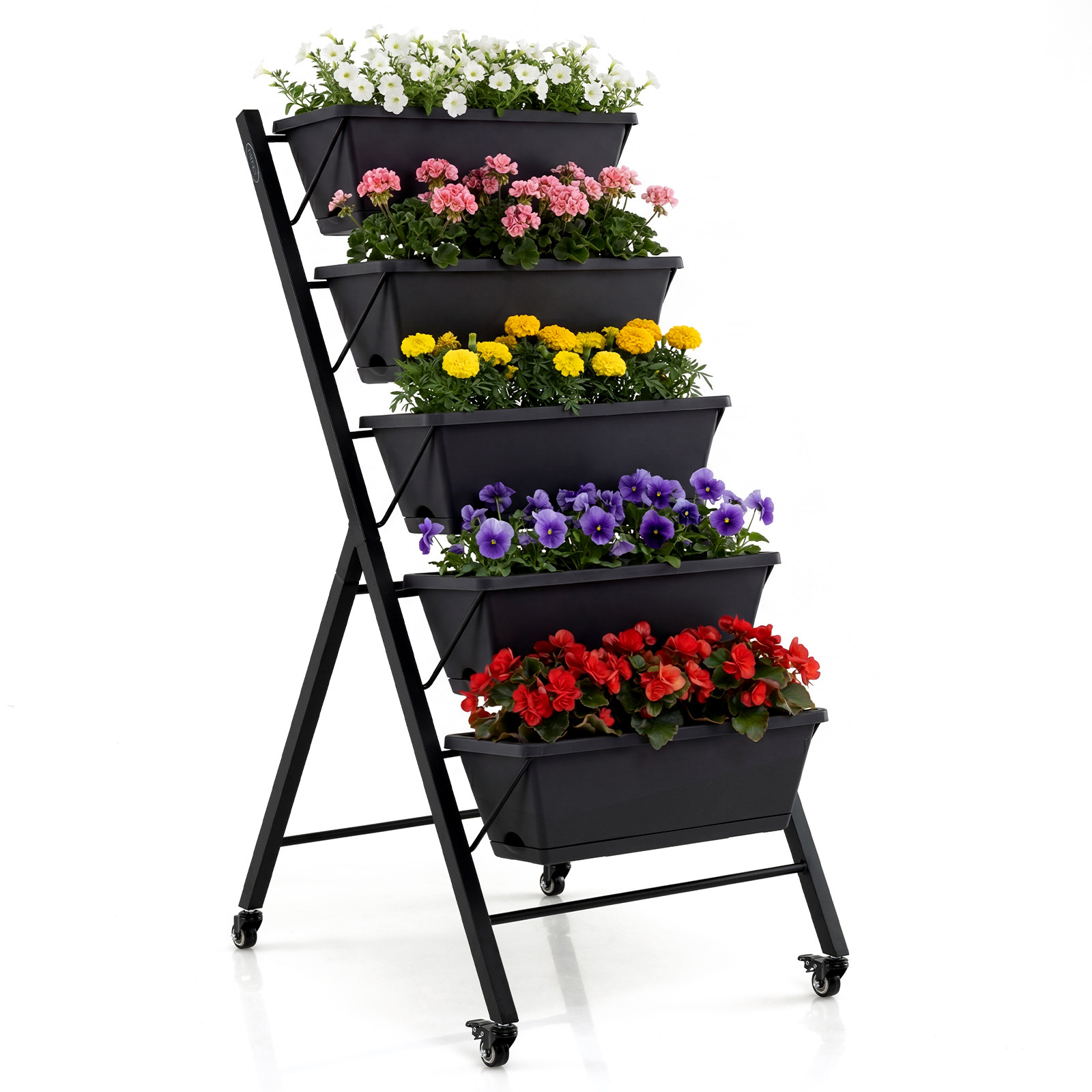 Costway Verticale Verhoogde Plantenbak met Wieltjes en 5 Verdiepingen met Metalen Frame