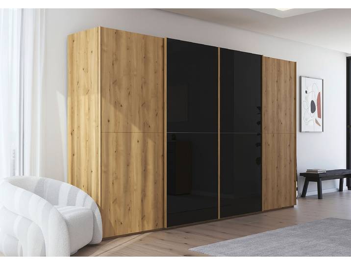 Schwebetürenschrank Scale mit Glas 360cm Schwarz/Holz/Schwarz