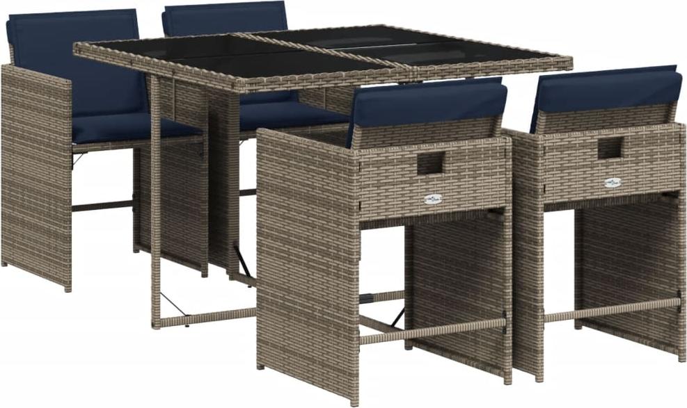 5-teiliges Garten-Ess-Set mit Kissen, grau, Polyrattan
