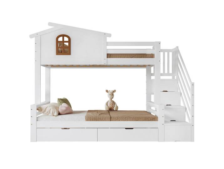 Komhtom Etagenbett 90x200cm & 120x200cm, Zwei Schubladen mit Rollen, Weiß+Natur, Holz, Mode, 120x200 cm, Babymöbel & Kindermöbel, Kinderzimmer & Jugendzimmer, Stockbetten