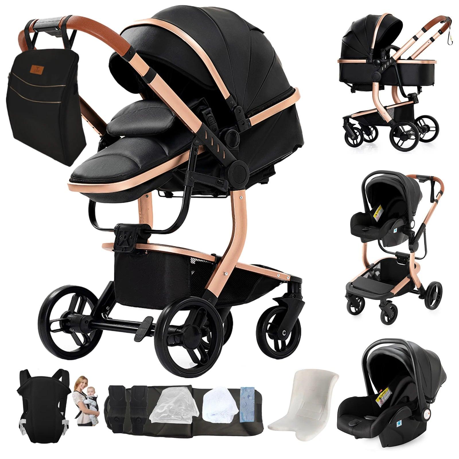 3-in-1 Kinderwagen mit Autositz, wasserdicht, aus Leder, zusammenklappbar, Reisesystem