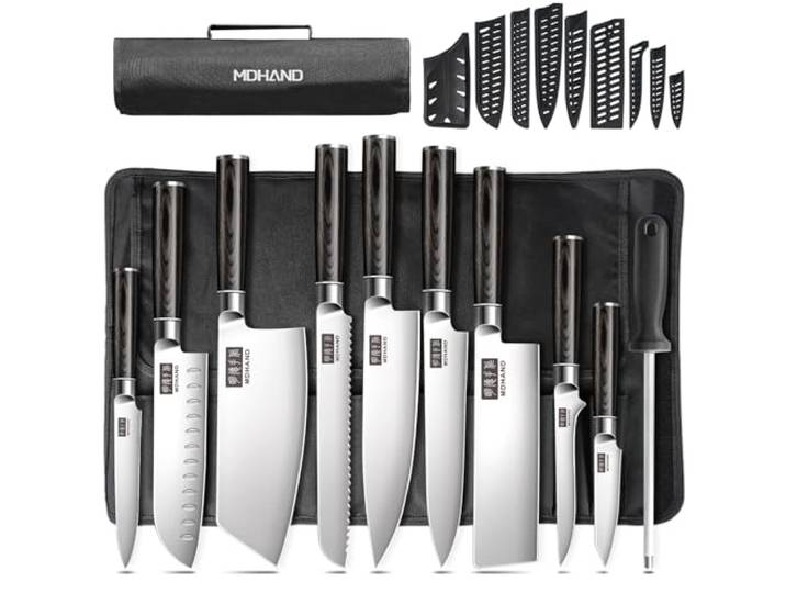 MDHAND Messerset mit Nylon Rolltasche, 10-tlg Scharfe Küchenmesser Set aus Edelstahl in Mehreren Größen mit Bequemen Griff mit Kochmesser, Brotmesser, Santokumesser, Gemüsemesser, Filetiermesser