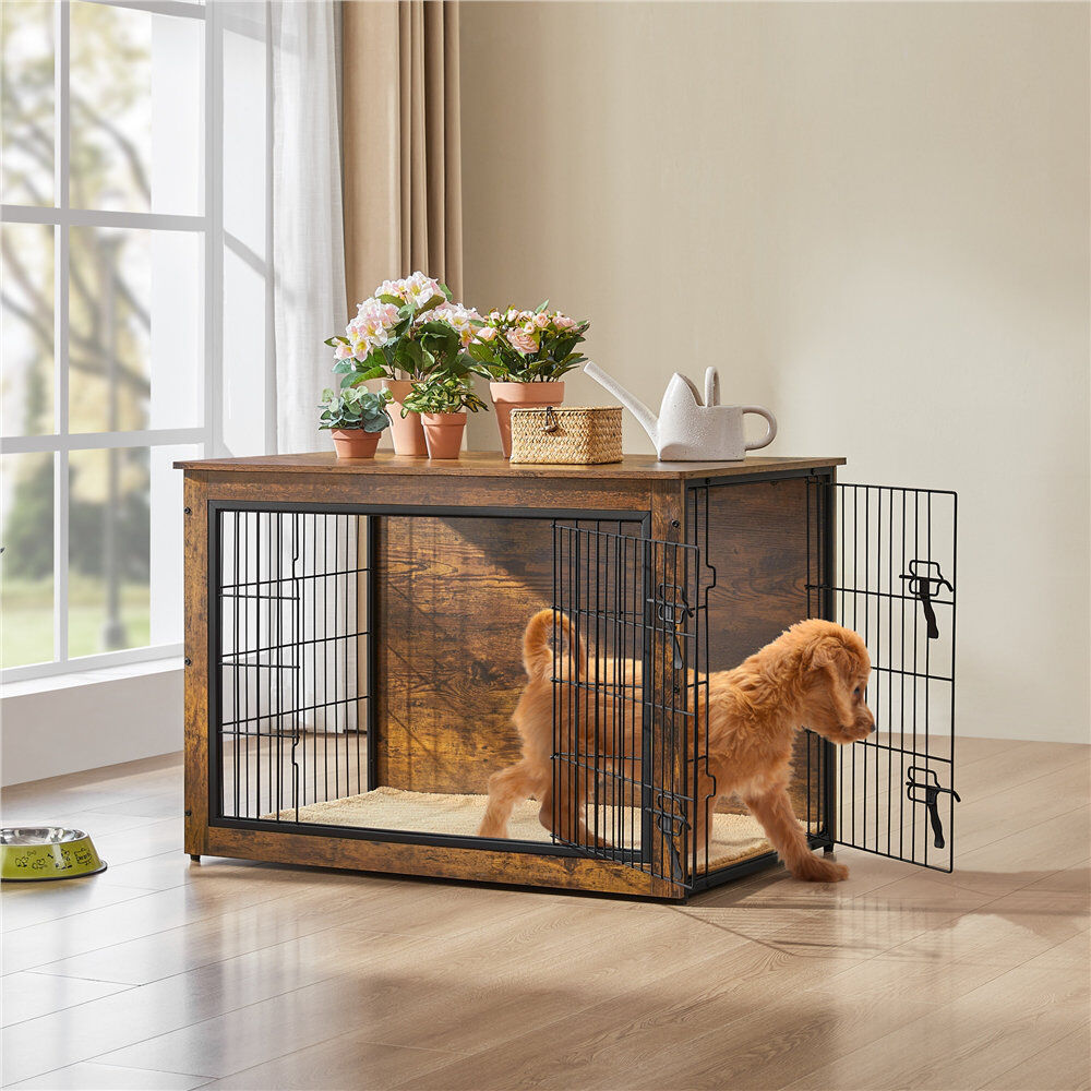 Archie & Oscar Metal Pet Crate with 2 Doors Rustic Brown Medium (20-50lbs)