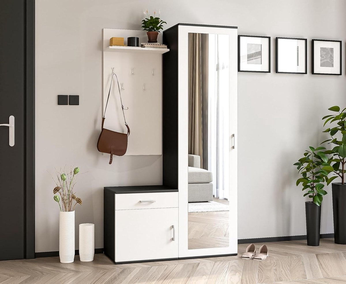 Modern Garderobe met spiegel en halmeubel set in zwart wit, Breedte: 100 cm