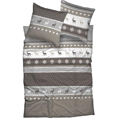 Bettwäsche CASATEX "Garmisch", beige, B/L: 135cm x 200cm, 1 Stk., 1 Stk., Biber, B/L: 80cm x 80cm, 2 Stk., Biber, Obermaterial: 100% Baumwolle, Bettwäsche, Bettwäsche, schöne Hirschmotive, Herzen und Schneekristallen