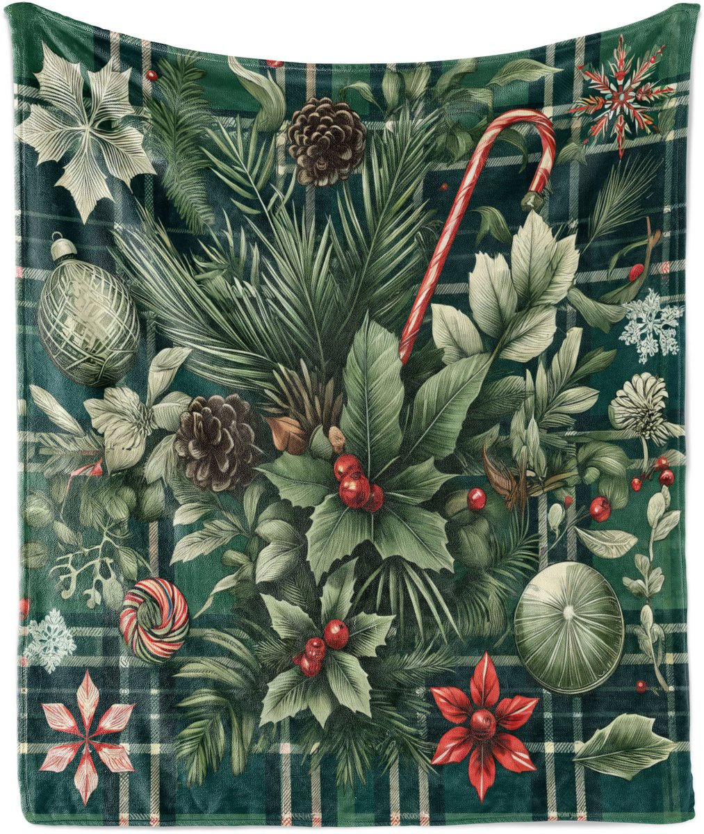 Zachte flanellen fleece deken met kerstmis kerstbessen snoepjes motief, 200 x 153 cm
