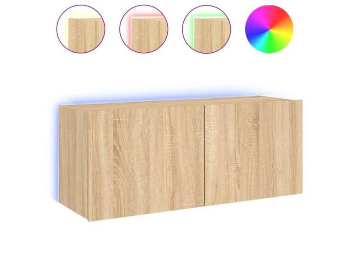 Meuble TV mural - ASHATA - 100x35x41 cm - Chêne sonoma - Lumières LED RVB - 2 portes