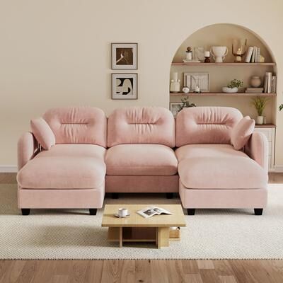 Unbranded "107"" 3-Seater Modular Chenille Sectional with Tufted Back, 2 Pillows, Optional 0-2 Ottomans"