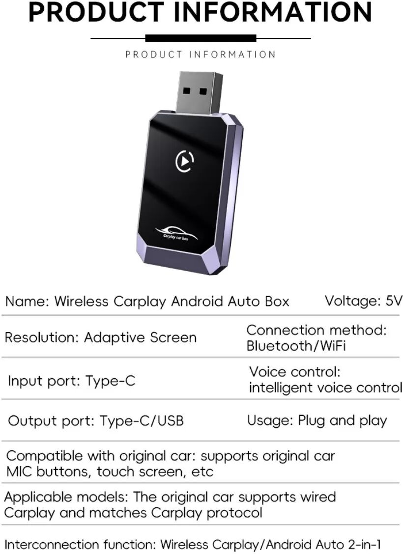 INF Smarte Auto-Interconnect-Box: Kabelloser CarPlay & Android Auto 2-in-1 Adapter Grau