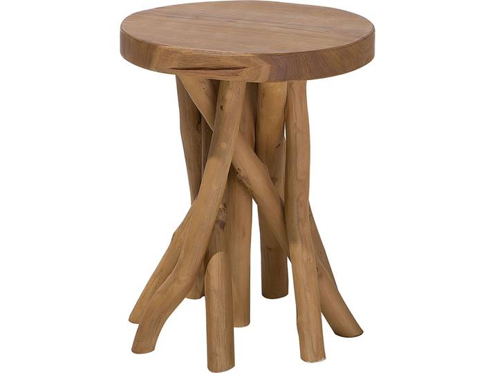 BELIANI Beistelltisch Hellbraun Teakholz 36 x 45 cm Unbehandelte Holzbeine Rundliche Tischplatte Multifunktional Oval Rustikal