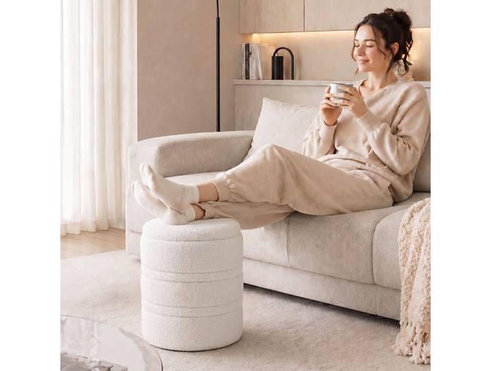 HOMCOM Pouf Rangement Rond Sherpa Blanc Couvercle Réversible