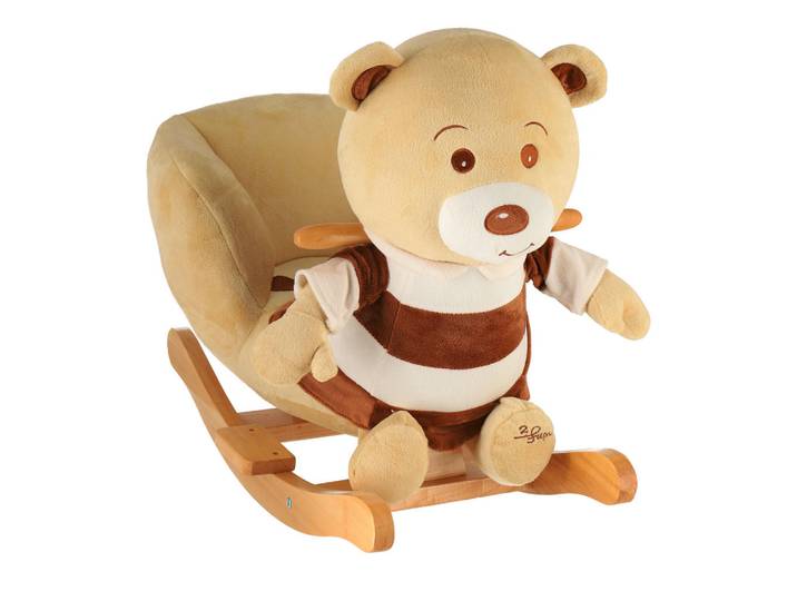 Schaukeltier Bär Bubu, Braun, Creme, Dunkelbraun, Hellbraun, Holz, 30x50x60 cm, Fußstützen, Haltegriffe, gepolsterte Sitzfläche, Gurtsystem, Spielzeug, Babyspielzeug, Schaukeltiere & Hüpftiere