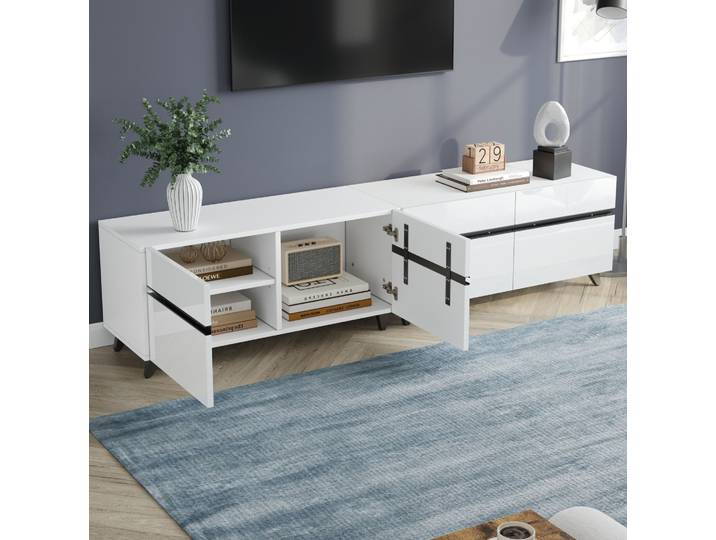 Meubliv Meuble Tv 180x40x49 Cm Blanc – 4 Portes\, Rangement Caché