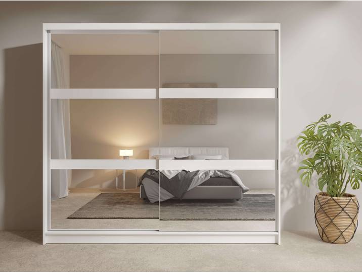 Kleiderschrank GOODPRODUCT Greti Garderobe mit 2 Schiebetüren, Spiegel, Masse B/T/H: 180/59/209 cm , weiss (weiß), B:230cm H:215cm T:62cm, Melamin, Schränke, Kleiderschrank, 2-türiger Kleiderschrank mit Spiegeln, Einlegeböden und Kleiderstangen