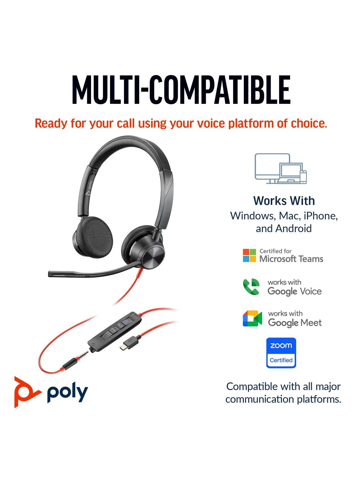 HP Poly Blackwire 3325 Stereo Microsoft Teams Certified USB-C Headset +3.5mm Plug +USB-C/A Adapter
