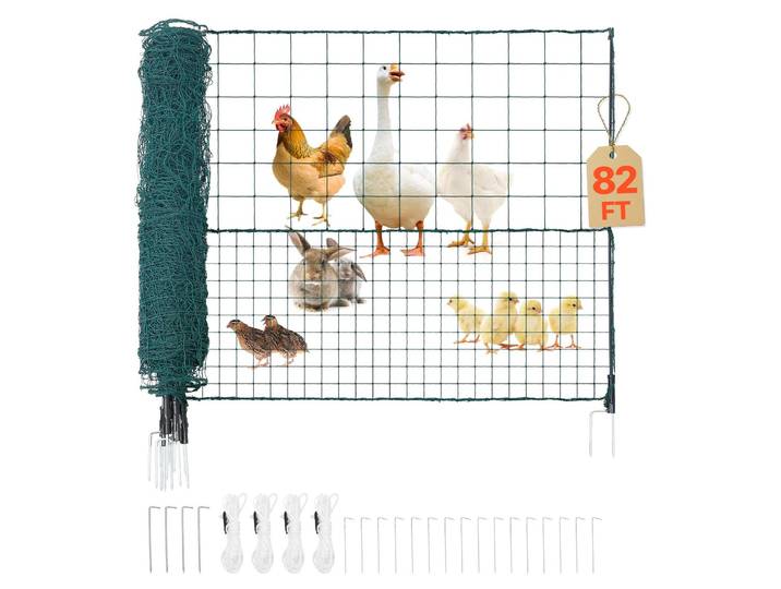 VEVOR Clôture de délimitation 25 x 1\,05 m\, clôture de pâturage en PE\, clôture mobile pour chiens avec poteaux à double pointe et cordes de tension\, clôture pour poules\, clôture de jardin\, clôture de camping pour chiens\, poules\, plantes\, espaces extérieurs