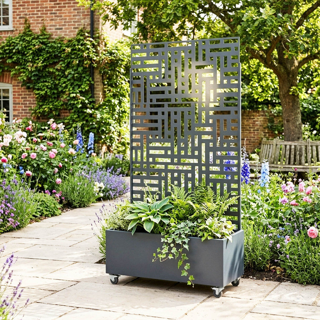 NICOMAN Metal Outdoor Privacy Screen With Planter 90cm X 180cm Grey 180cm H X 90cm W X 40cm D