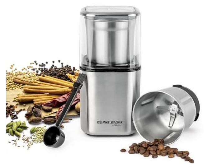 ROMMELSBACHER Gewürz und Kaffee Mühle EGK 200, 2 Edelstahlbehälter mit Schlagmesser & Spezialmesser, Füllmenge 70 g, Mahlgrad über Mahldauer wählbar, auch für Pesto, Gewürze, Nüsse, Zucker, 200 Watt