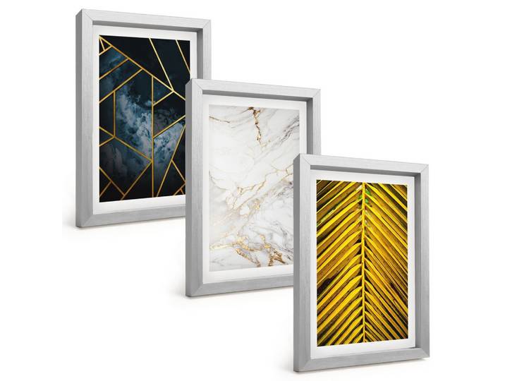 BILDER SET 3er Set - 20x30 cm Silberner Rahmen - Geometrische Muster und Vegetation