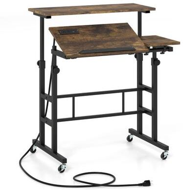 Costway Height Adjustable Mobile Standing Desk with Power Outlets and Portable Rolling Laptop Cart on Wheels-Rustic Brown