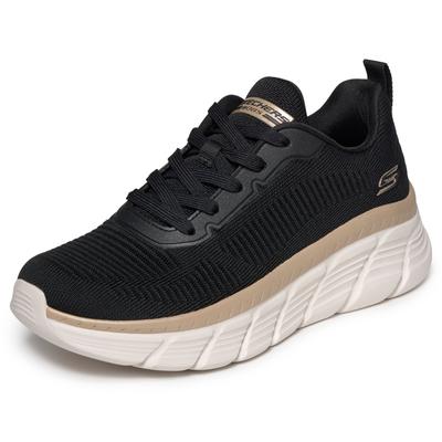 Sneaker SKECHERS "BOBS B FLEX HI-FLYING HI", Damen, Gr. 38, schwarz (schwarz, goldfarben), Textil, Schuhe Sneaker, Trainingsschuh, Schnürschuh, Freizeitschuh in veganer Verarbeitung